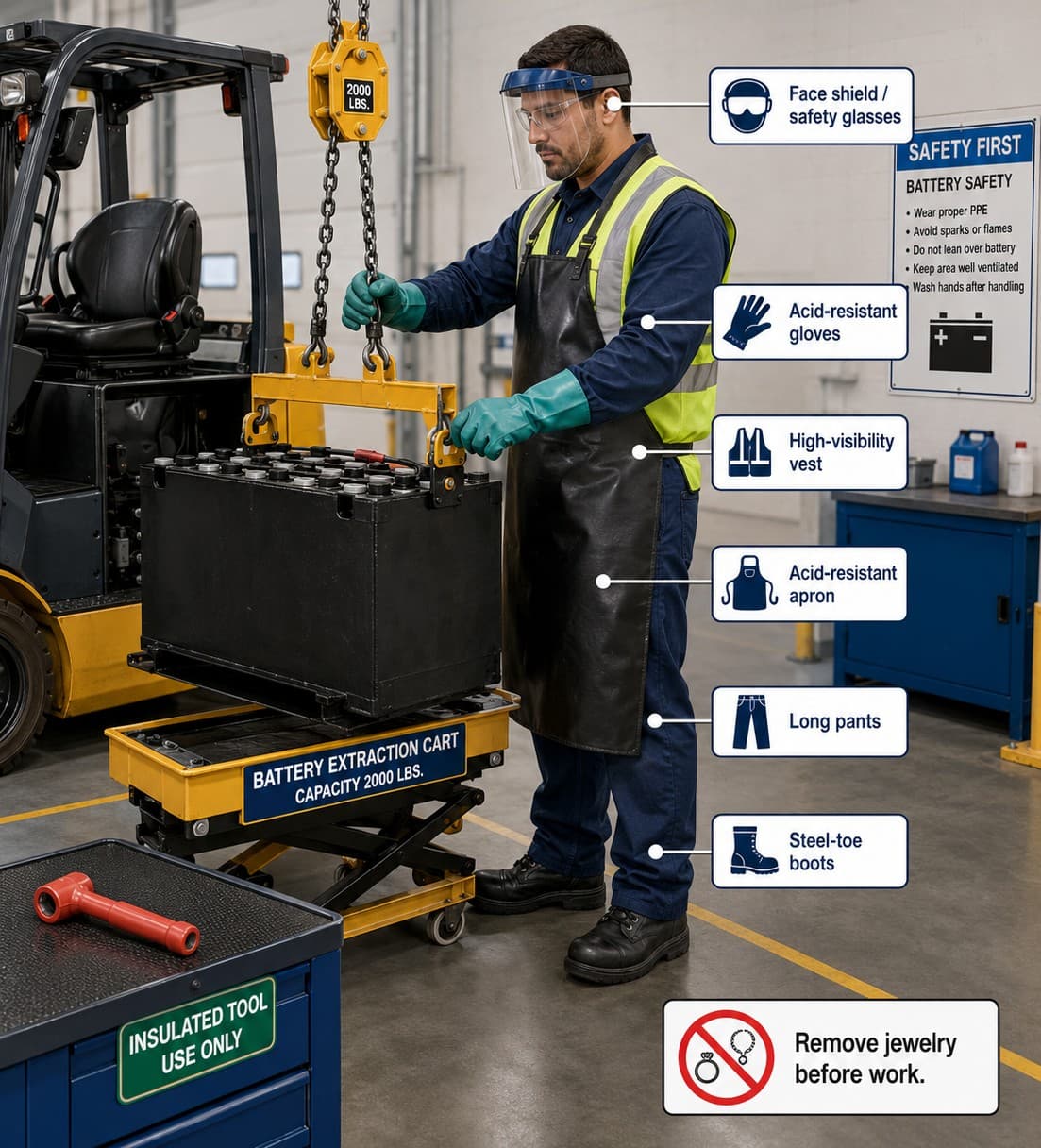 Labeled diagram of proper PPE for installing a forklift battery: face shield/safety glasses, acid-resistant gloves, high-visibility vest, acid-resistant apron, long pants, and steel-toe boots, shown on a technician using a hoist and battery extraction cart.