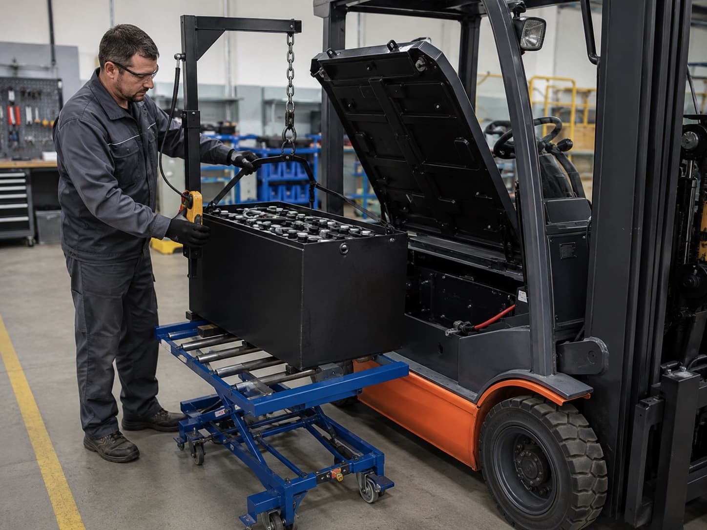 Technician wearing safety glasses using an overhead hoist and a rolling battery-transfer cart to lift a lead-acid traction battery out of the open compartment of a forklift.
