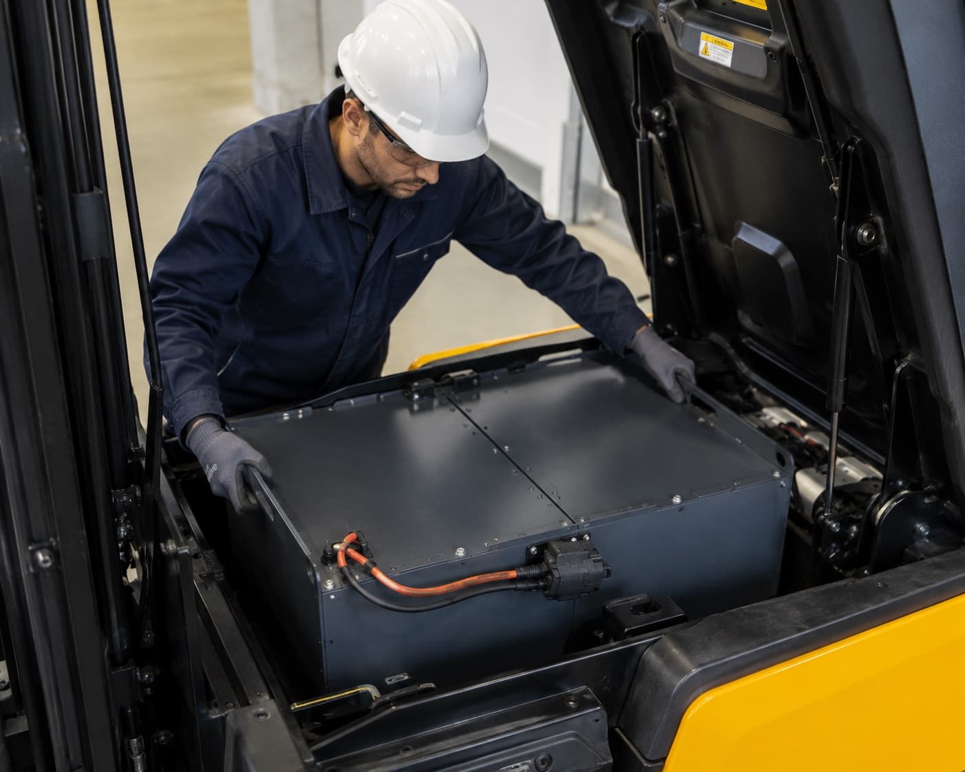 Technician wearing a hard hat, safety glasses, and gloves lowering a replacement battery into the open compartment of a forklift, with the connector cables visible.